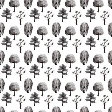 Seamless ink pattern with various types of Japanese garden trees Stock Illustration