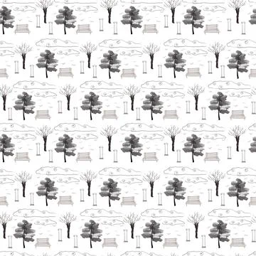 Seamless ink pattern with various types of Japanese garden trees Stock Illustration