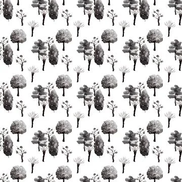 Seamless ink pattern with various types of Japanese garden trees Stock Illustration