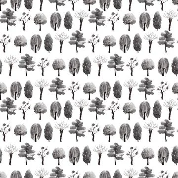 Seamless ink pattern with various types of Japanese garden trees Illustrazione stock
