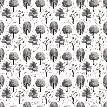 Seamless ink pattern with various types of Japanese garden trees Illustrazione stock