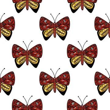 Seamless insect isolated pattern with red and yellow folk butterfly ornament. Stock Illustration
