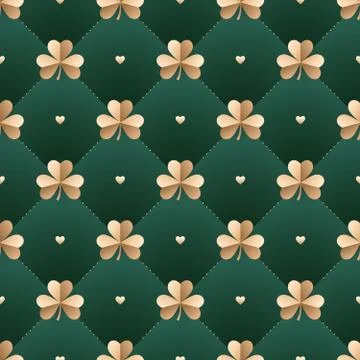 Seamless irish gold pattern with clover and heart on a dark green background. Stock Illustration