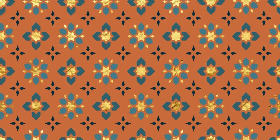Seamless Islamic geometric pattern with arabesque stars and golden foil tex.. Stock Illustration