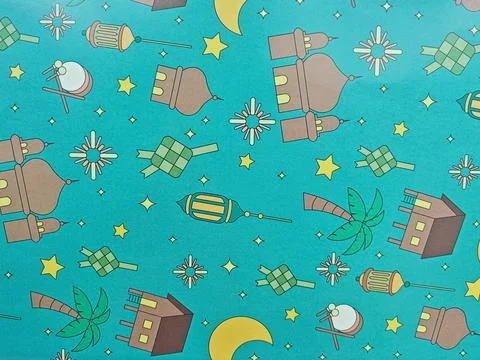 Seamless Islamic Pattern Background with Mosque, Lantern, and Ketupat Icons  Stock Illustration