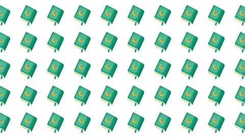 Seamless Islamic Pattern with Green Quran Book Icons and Crescent Moon Symb.. Stock Illustration