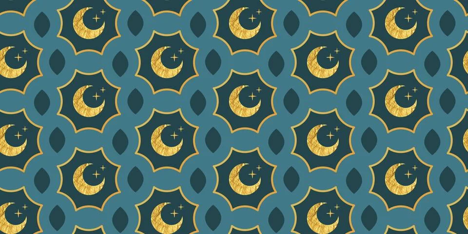 Seamless Islamic pattern in minimal style with gold foil crescent and stars m Illustrazione stock