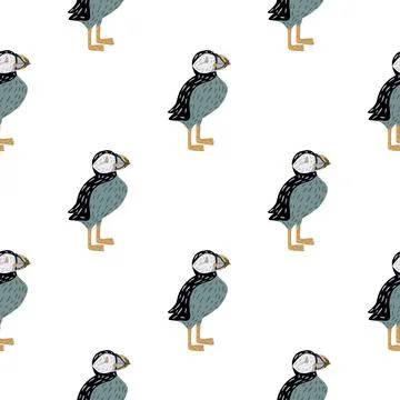 Seamless isolated doodle pattern with kids style puffin bird ornament. White  Stock Illustration