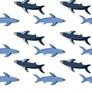 Seamless isolated pattern with blue shark shapes print. White background. Oce 스톡 일러스트