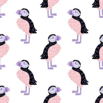 Seamless isolated pattern with cartoon pink and blue colored puffin birds fun Stock Illustration