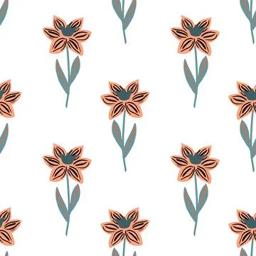 Seamless isolated pattern with contoured hand drawn flower ornament. White ba Stock Illustration