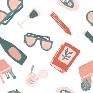 Seamless isolated pattern with elements for picnic in doodle style. Colorful  Stock Illustration