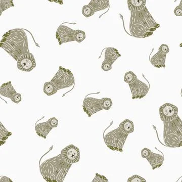 Seamless isolated pattern with exotic animals grey doodle lion silhouettes. W Stock Illustration