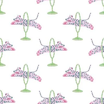 Seamless isolated pattern with exotic wild cat circus print. Pink tiger jumpi Stock Illustration