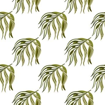 Seamless isolated pattern with green palm leaf elements print. White backgrou Stock Illustration