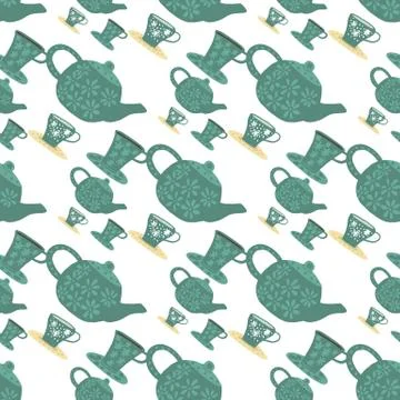 Seamless isolated pattern with green pastel tea ceremony silhouettes. Cups an Stock Illustration