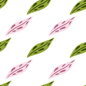 Seamless isolated pattern with pink and green doodle leaves elements. White b Illustrazione stock