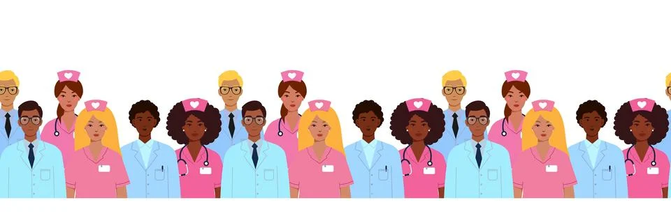 Seamless isolated vector pattern of multicultural doctors and nurses in med.. Stock Illustration