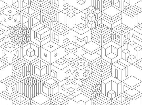 Seamless isometric geometric pattern featuring abstract 3D line cubes and mod Stock Illustration
