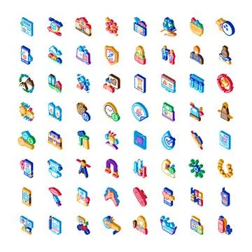 Seamless isometric icons collection representing various business concepts Stock Illustration