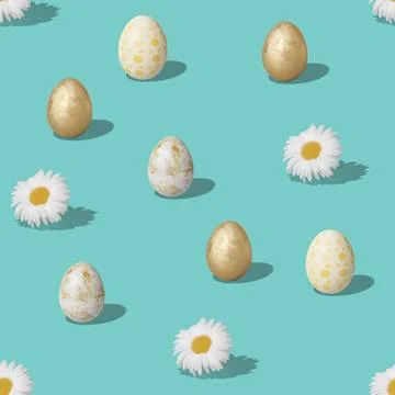 Seamless isometric pattern with Easter eggs and flowers on blue background 스톡 일러스트