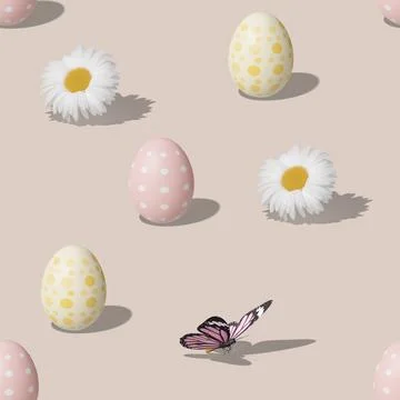 Seamless isometric pattern with Easter eggs, butterflies and flowers on beige Stock Illustration