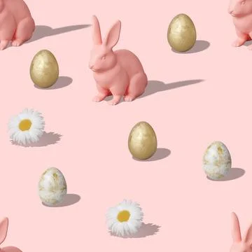 Seamless isometric pattern with Easter eggs, rabbits and flowers on pink Illustrazione stock