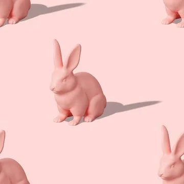 Seamless isometric pattern with Easter rabbits on pink background. Colorful Stock Illustration