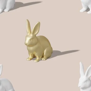 Seamless isometric pattern with golden and white Easter rabbits on beige Illustrazione stock