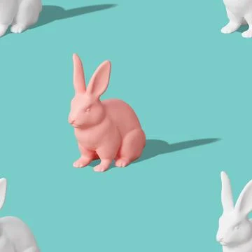 Seamless isometric pattern with pink and white Easter rabbits on blue background Illustrazione stock