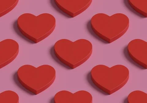 Seamless isometric pattern of red hearts. 3D illustration. Фото