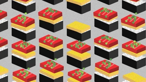 Seamless isometric pattern of sushi pieces. Bright colors of the sushi  Stock Footage 283067094