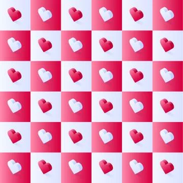 Seamless isometric stock vector pattern, geometric flat pink hearts in square 스톡 일러스트