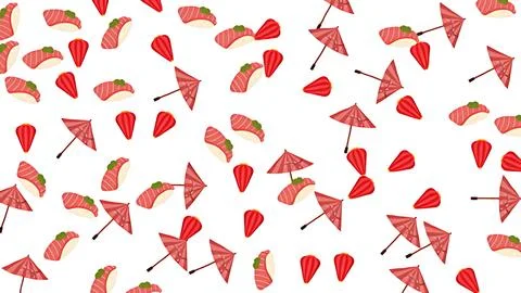 Seamless Japanese pattern featuring tuna nigiri sushi, red paper umbrellas .. Stock Illustration
