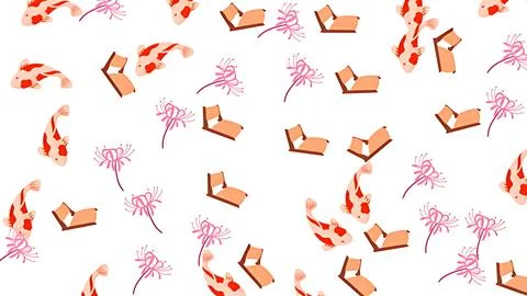 Seamless Japanese Pattern with Koi Fish Spider Lily Flowers and Traditional.. Stock Illustration