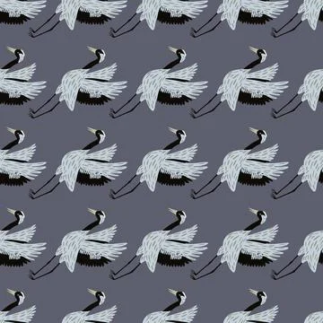 Seamless japanese pattern with light crane bird shapes. Dark grey background. Stock Illustration