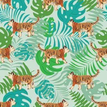 Seamless jungle pattern with tiger and tropical leaves Stock Illustration