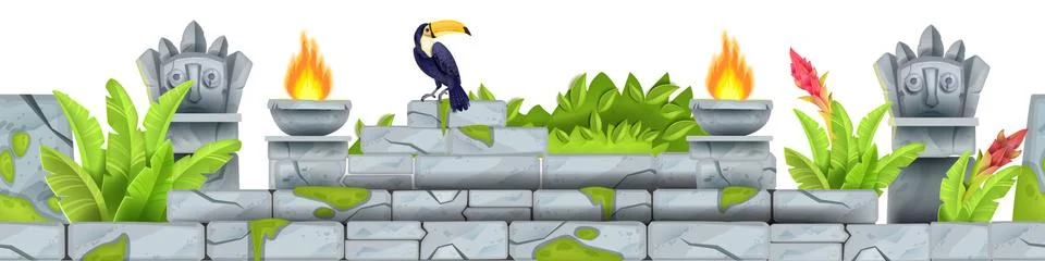Seamless jungle stone vector frame, tropical rocks ancient ruin border 스톡 일러스트
