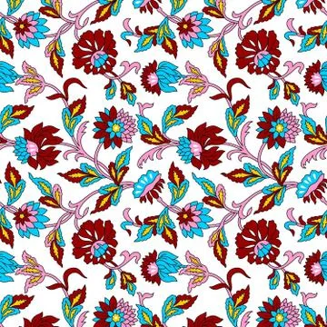Seamless kalamkari vector pattern with flowers Stock Illustration