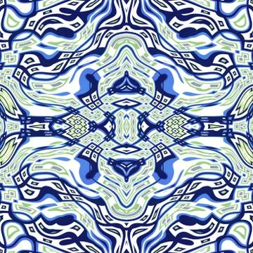 Seamless kaleidoscope texture or pattern in blue, white and green 1 Stock Illustration