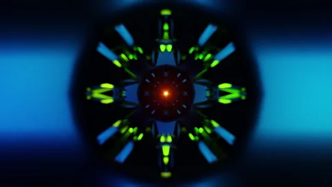 Seamless kaleidoscopic VJ loop pulsing neon geometric mandala motion animated Stock Footage 327440200