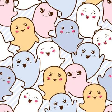 Seamless kawaii cartoon pattern with cute ghosts Illustrazione stock