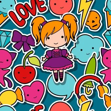 Seamless kawaii child pattern with cute doodles Stock Illustration