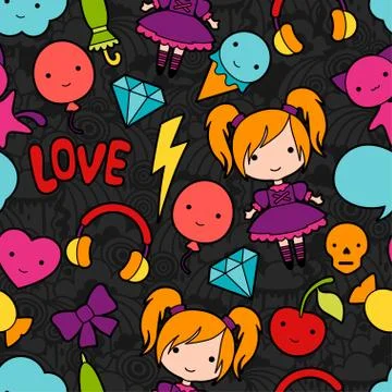 Seamless kawaii child pattern with cute doodles Stock Illustration