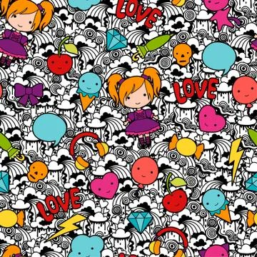 Seamless kawaii child pattern with cute doodles Stock Illustration