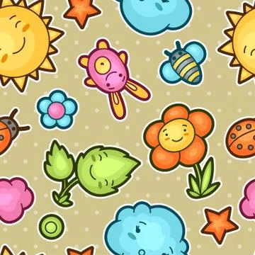 Seamless kawaii child pattern with cute doodles. Spring collection of cheerful Illustrazione stock