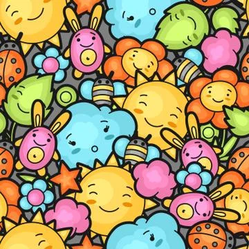 Seamless kawaii child pattern with cute doodles. Spring collection of cheerful Illustrazione stock