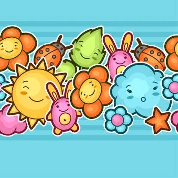 Seamless kawaii child pattern with cute doodles. Spring collection of cheerful Illustrazione stock