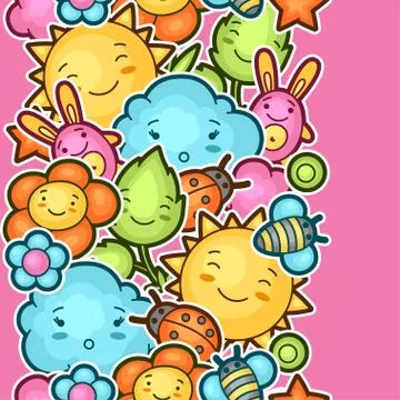 Seamless kawaii child pattern with cute doodles. Spring collection of cheerful Illustrazione stock