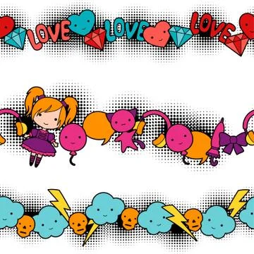 Seamless kawaii child patterns with cute doodles Stock Illustration